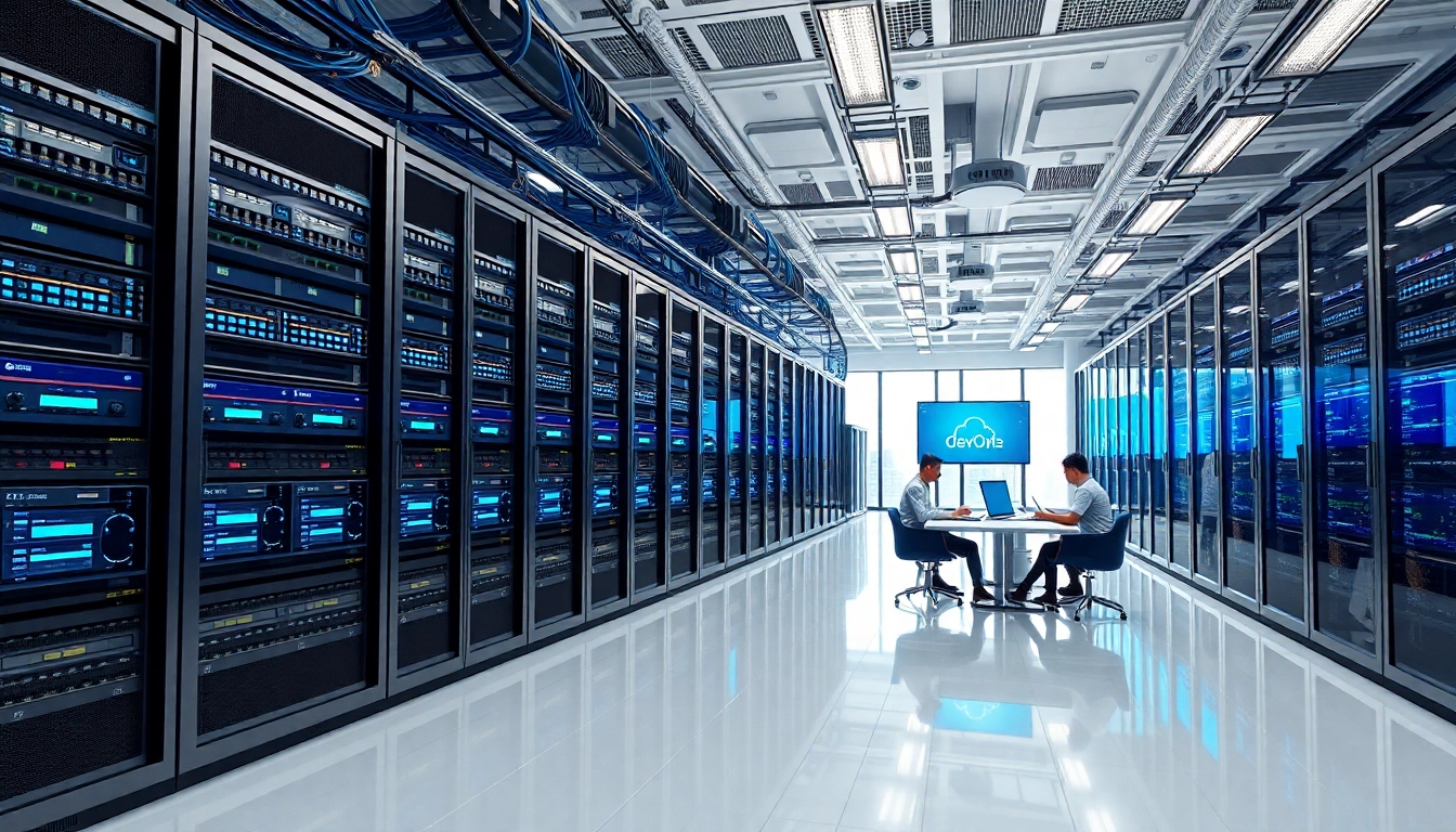 Showcase of cloud infrastructure and DevOps services in a modern data center setting with team collaboration.