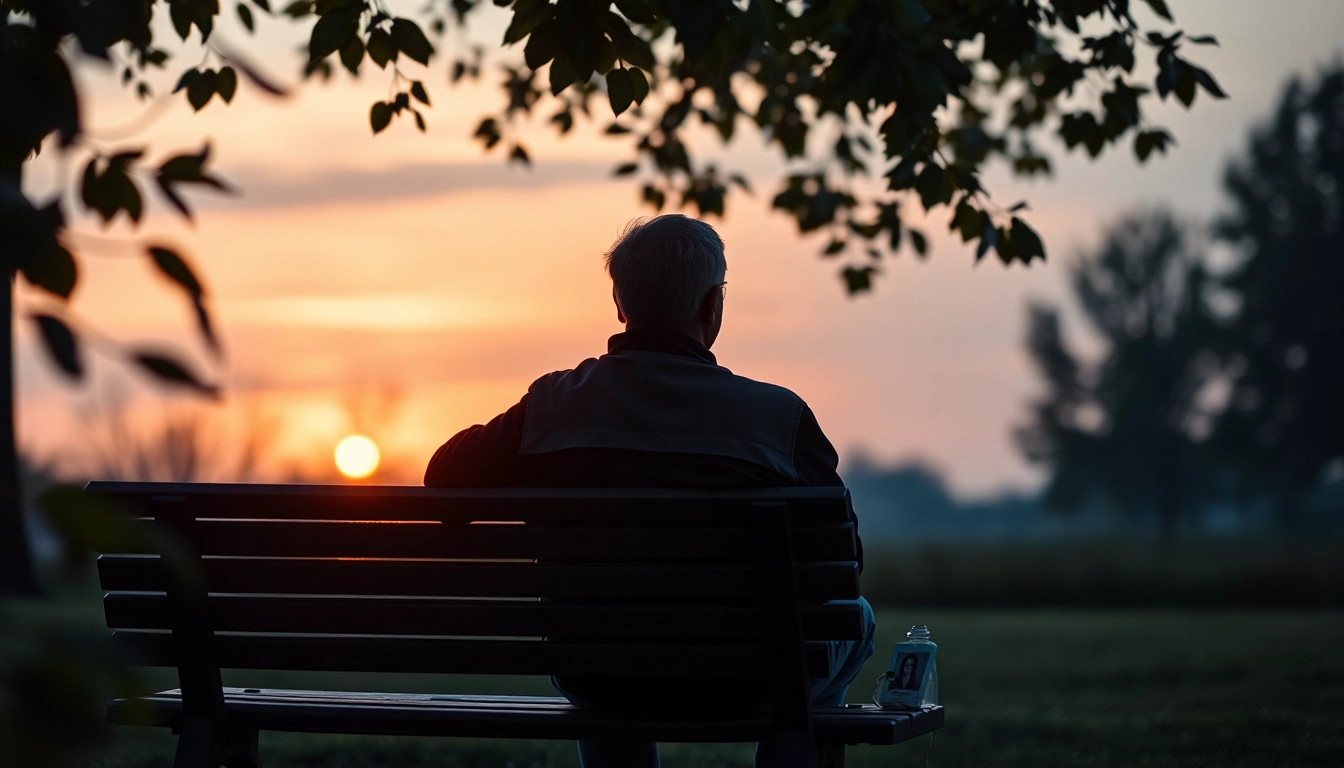 Person contemplating on a bench while dealing with grief, surrounded by serene sunset colors and memories.