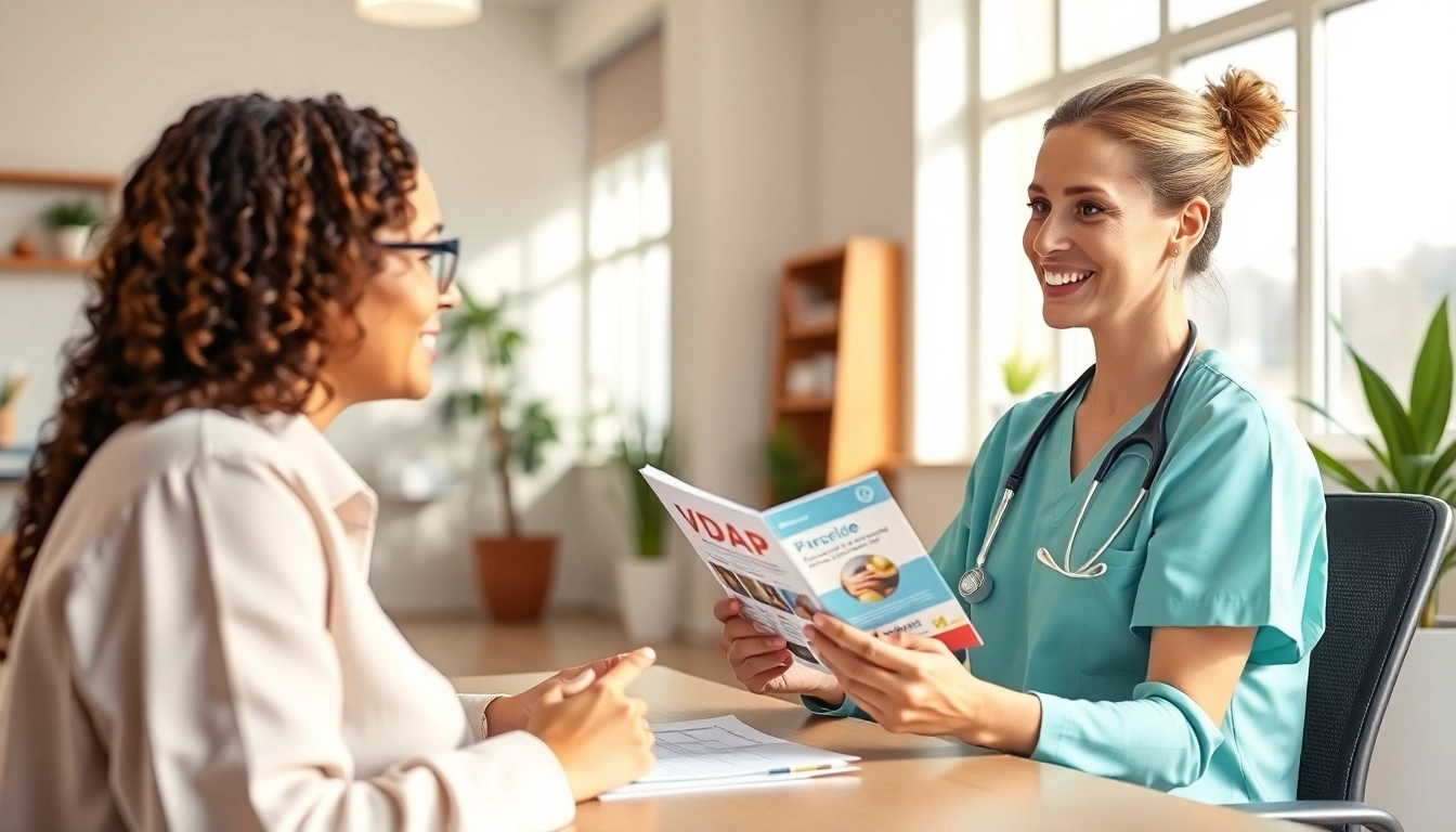 Nurse discussing VDAP programs with a patient in a bright, welcoming clinic setting.