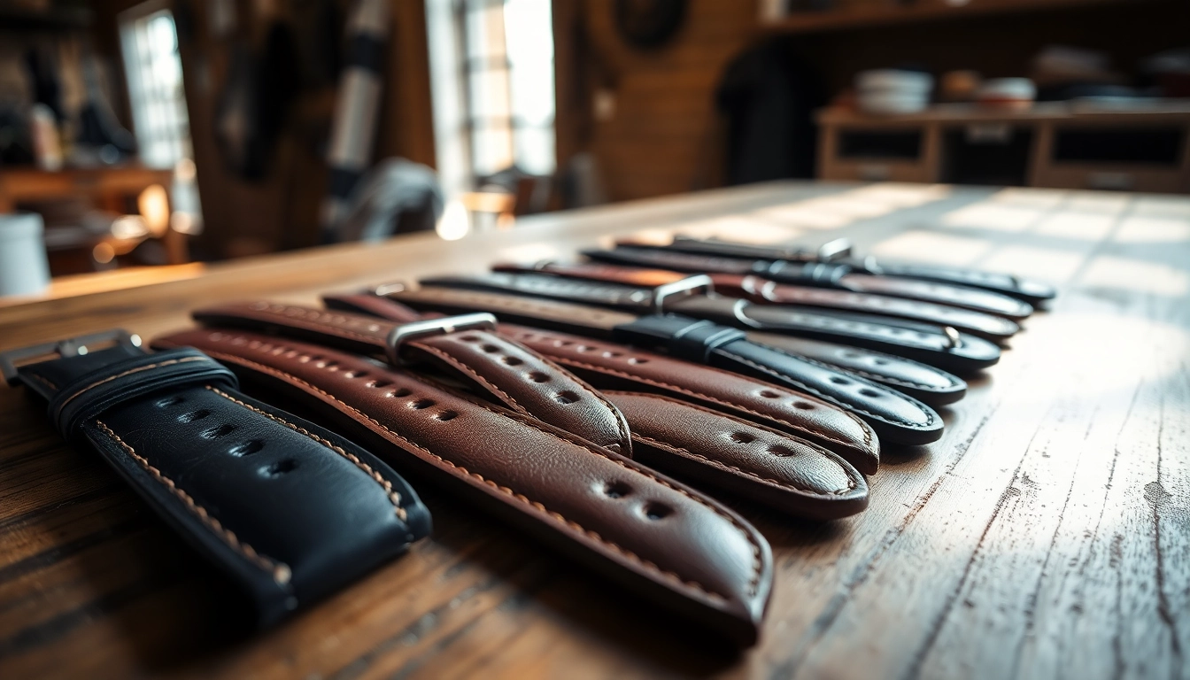 Showcase of leather watch straps highlighting craftsmanship and style in natural lighting.