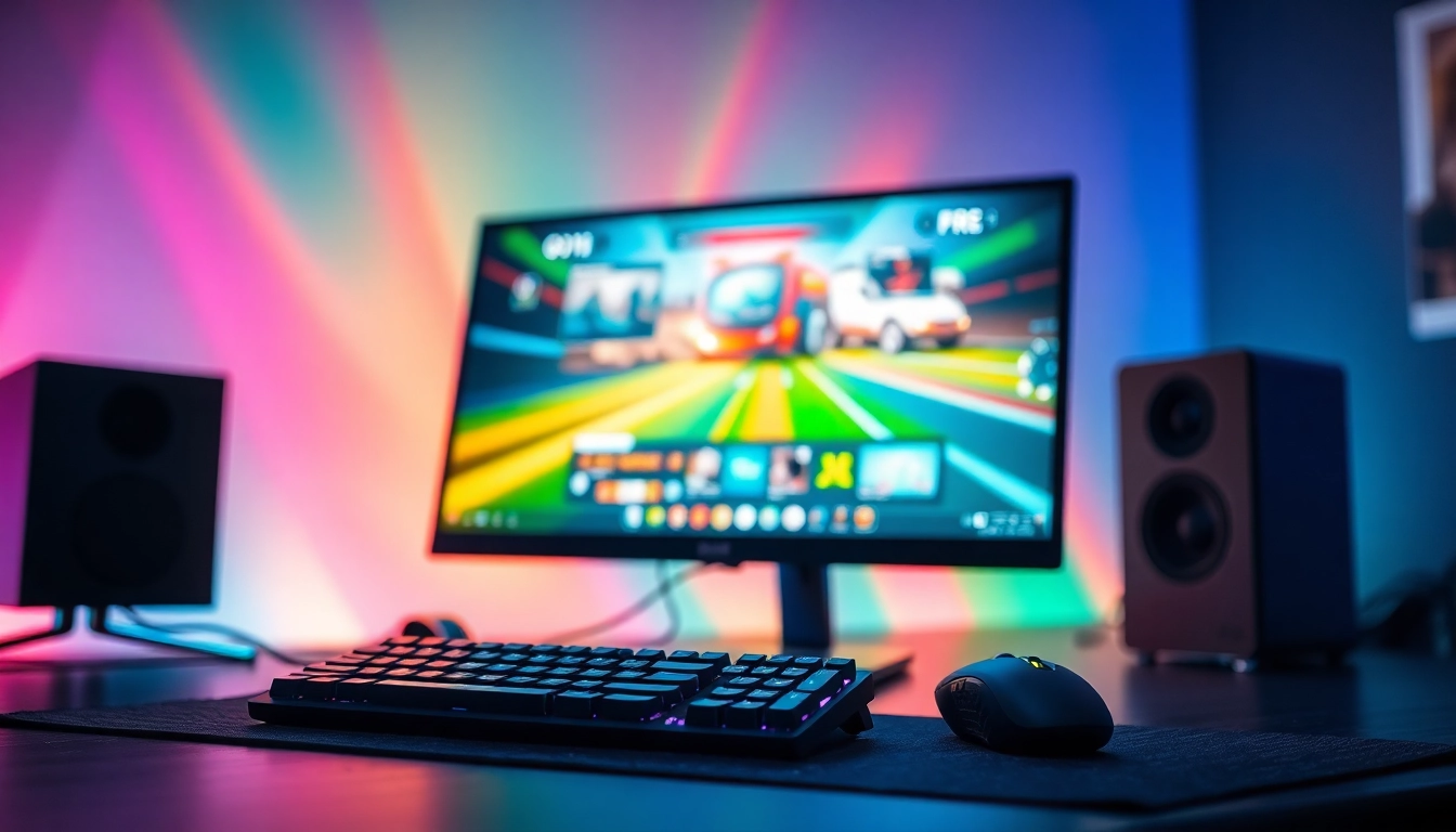 Game online yang menarik ditampilkan di monitor dengan aksesori gaming yang modern.