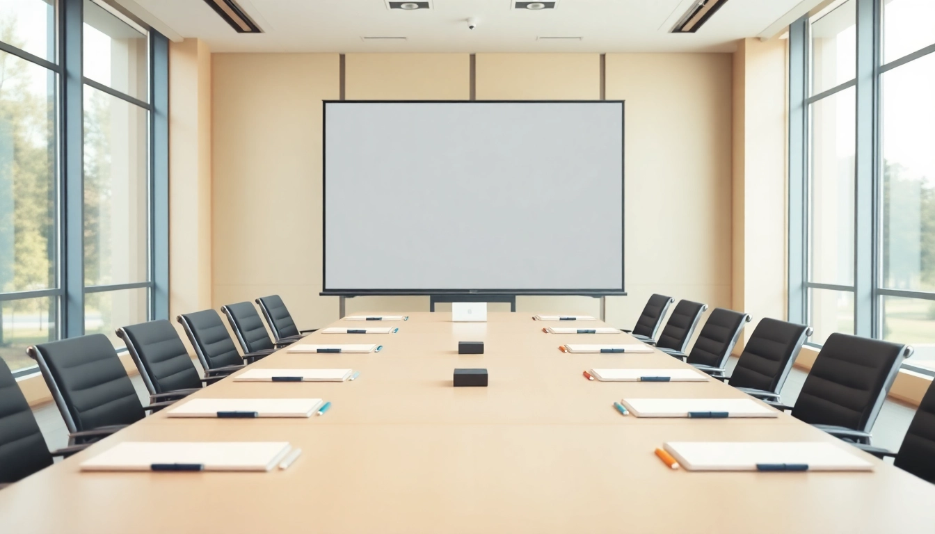 Engaging meeting setup with a professional ambiance featuring a long table and natural light.