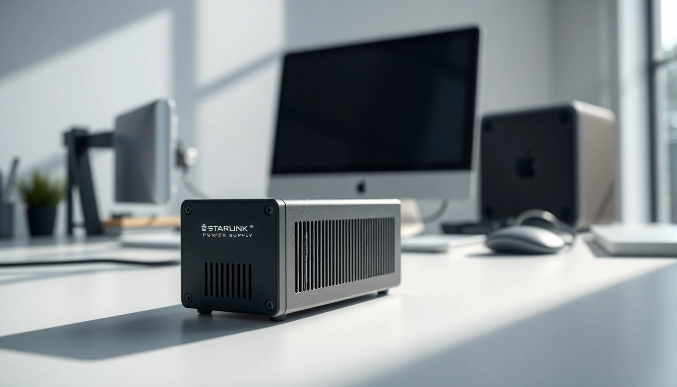 Showcase the starlink mini 12v power supply in a modern workspace setting with bright natural light.
