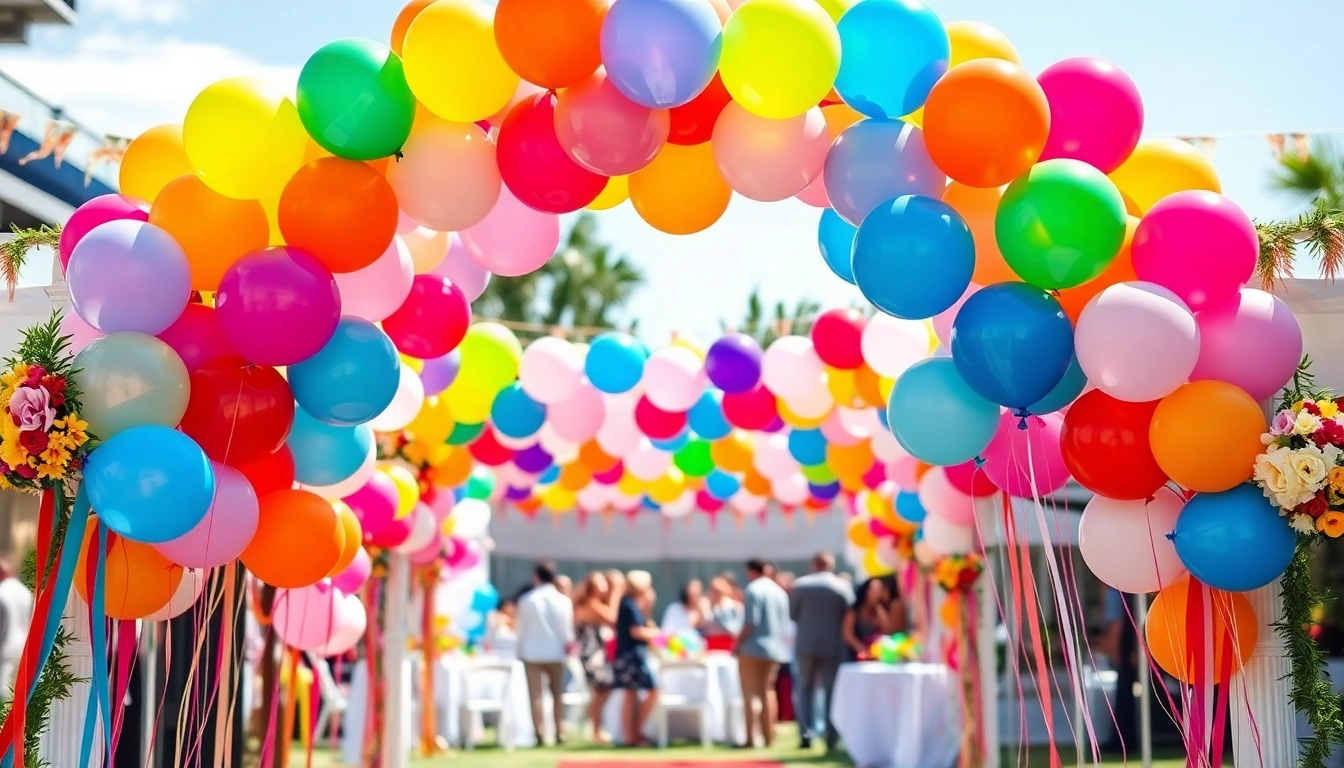 Print balloons arranged beautifully for a festive outdoor event with colorful decorations.