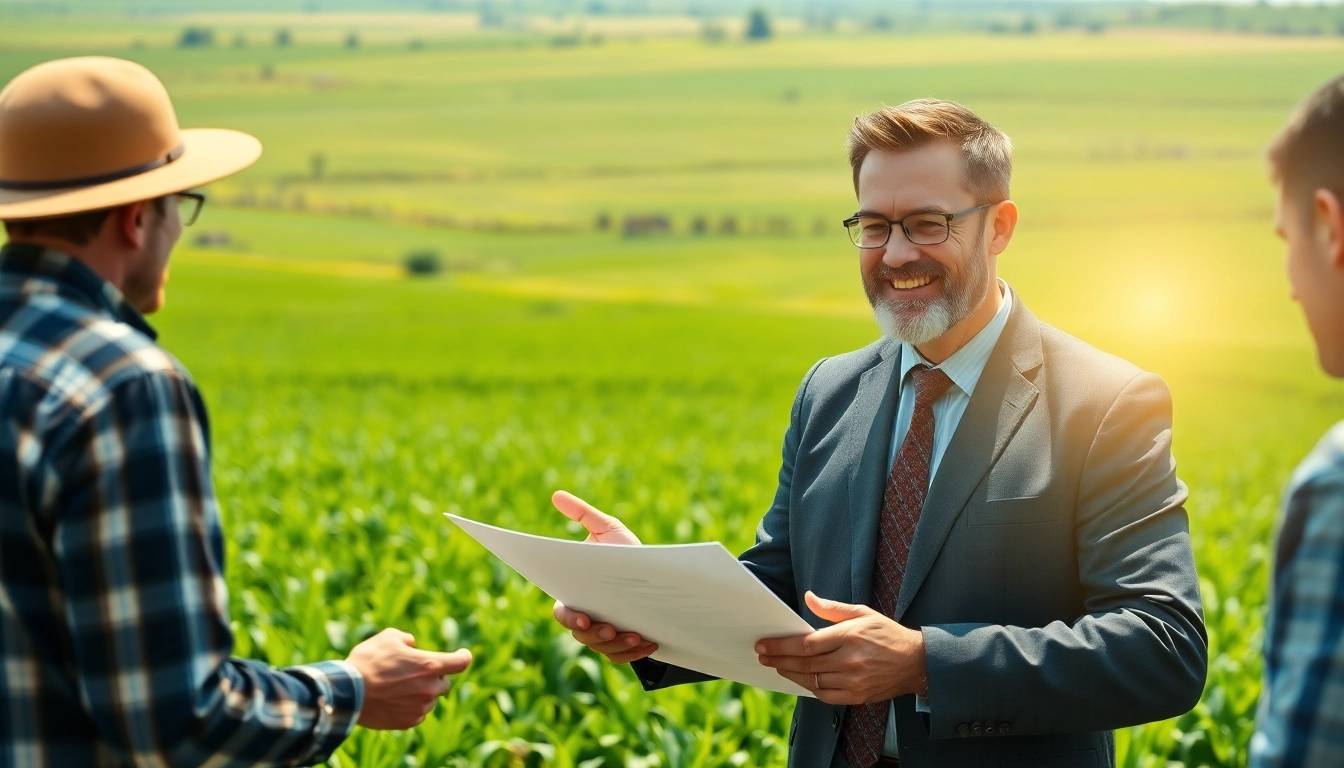 Engaged agriculture lawyer advising farmers in a vibrant agricultural setting.