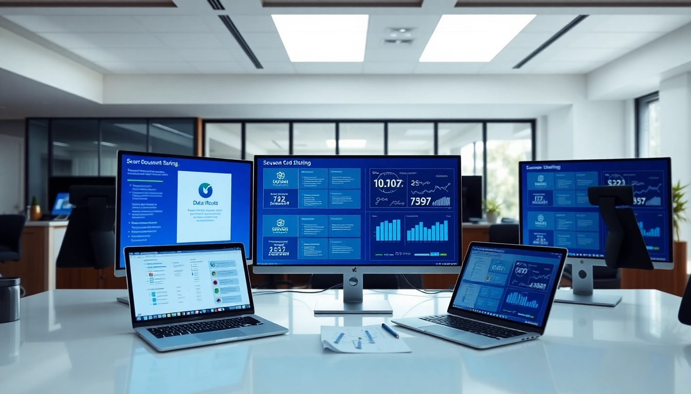 Datenraum-Interface zeigt sichere Dokumentenfreigabe in einem modernen Büro mit Geräten.
