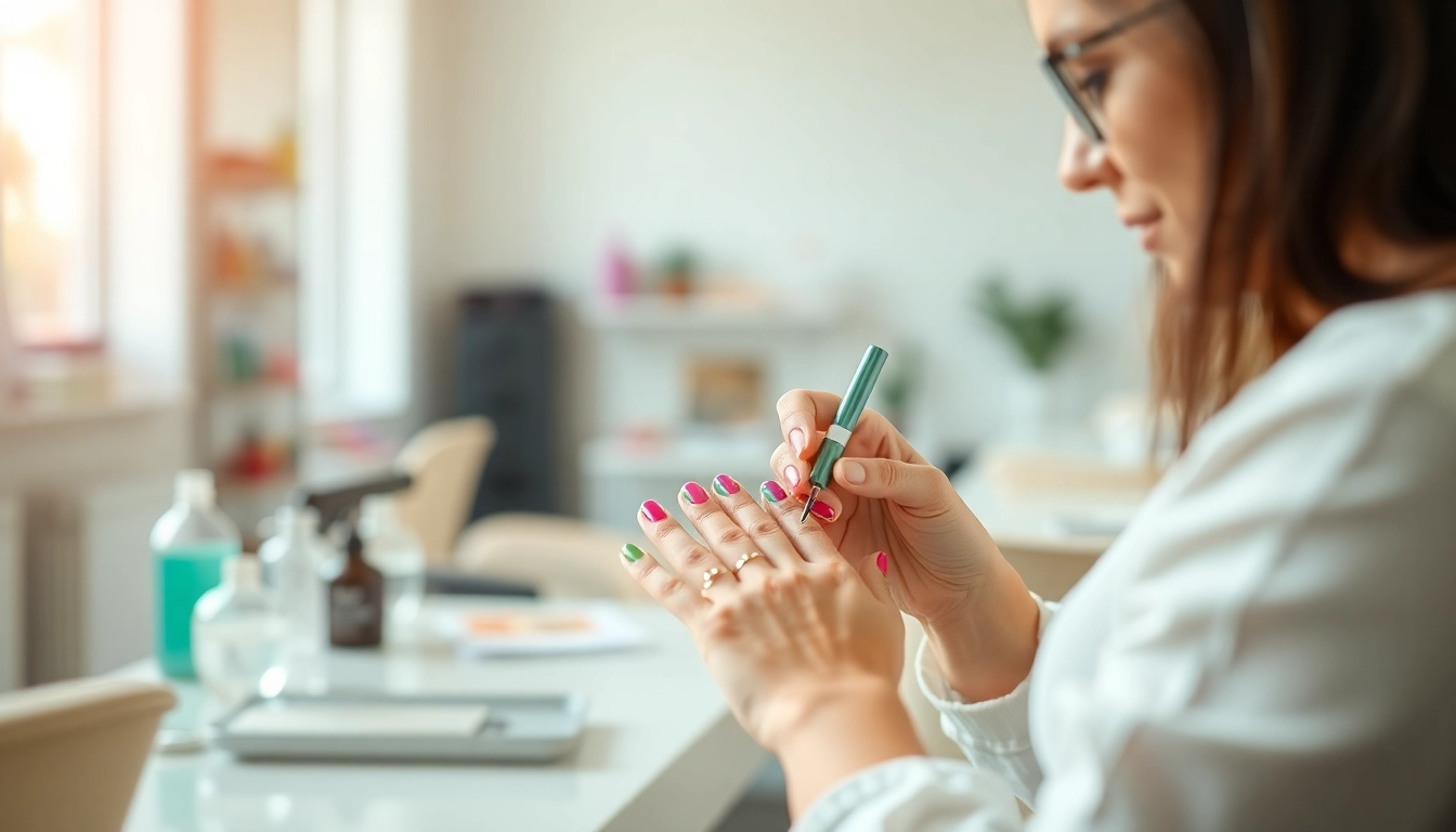 Nail Course demonstration with a technician skillfully applying colorful nail art designs.