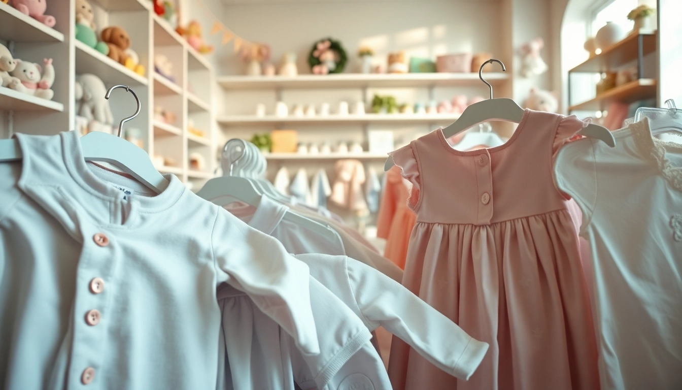 Showcasing beautiful baby clothes in a cozy boutique for parents to choose from.