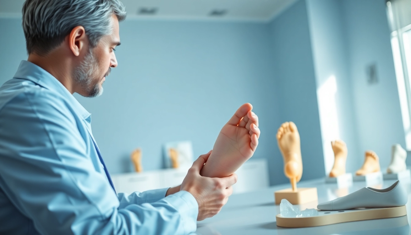 Treating foot pain relief with a professional examination in a modern clinic.
