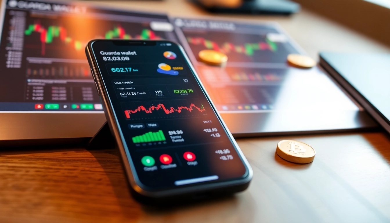 Showcase the guarda wallet interface on a smartphone amid a financial setting, emphasizing clarity and usability.