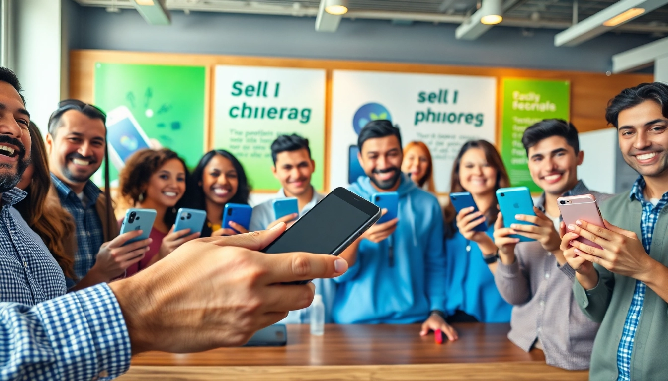 Selling old phones with happy customers exchanging devices for cash in a vibrant setting.