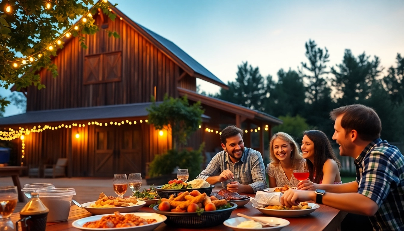 Guests enjoying a lively dinner at the Firelight Barn, showcasing BBQ delicacies and happy interactions.