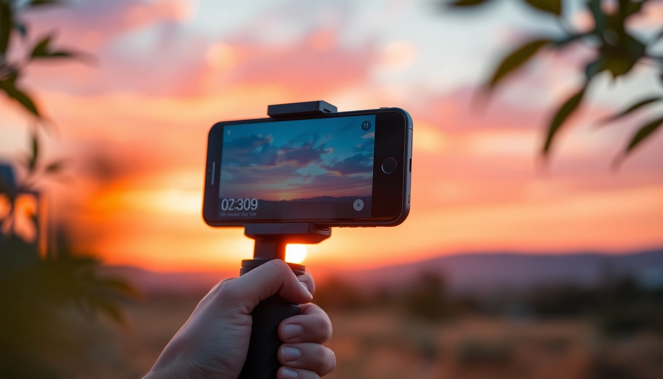Capture stunning moments with a gimbal for iPhone, held by a filmmaker against a vibrant sunset backdrop.