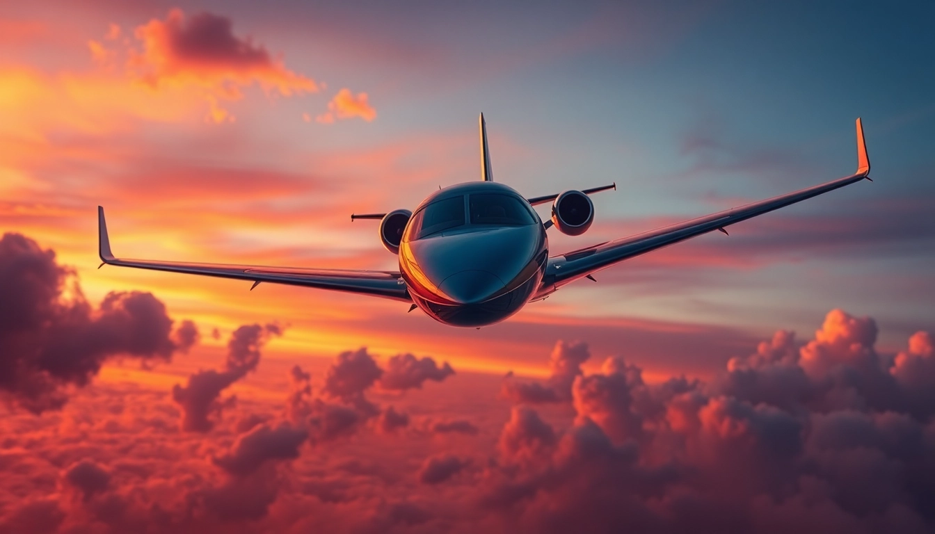 Witness a flight gracefully navigating a colorful sunset sky, showcasing its sleek features.