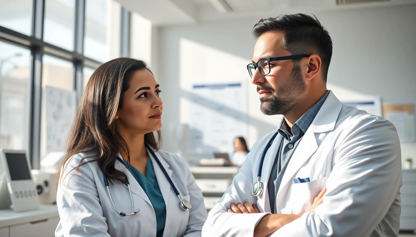 Consulting las vegas concierge doctors in a bright, modern clinic environment.