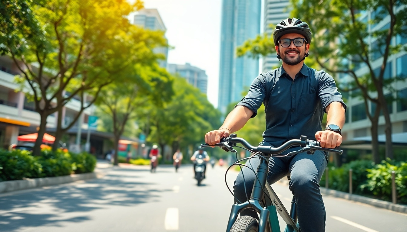 Ebike Singapore rider enjoying a smooth ride through an urban landscape with modern architecture.