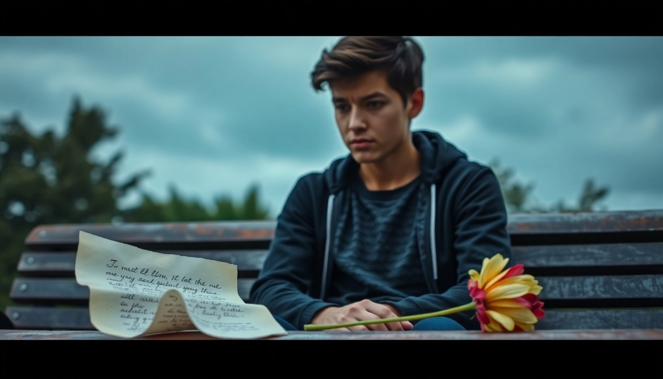 Reflecting on a relationship breakup, a young adult sits with a crumpled letter and wilted flower.