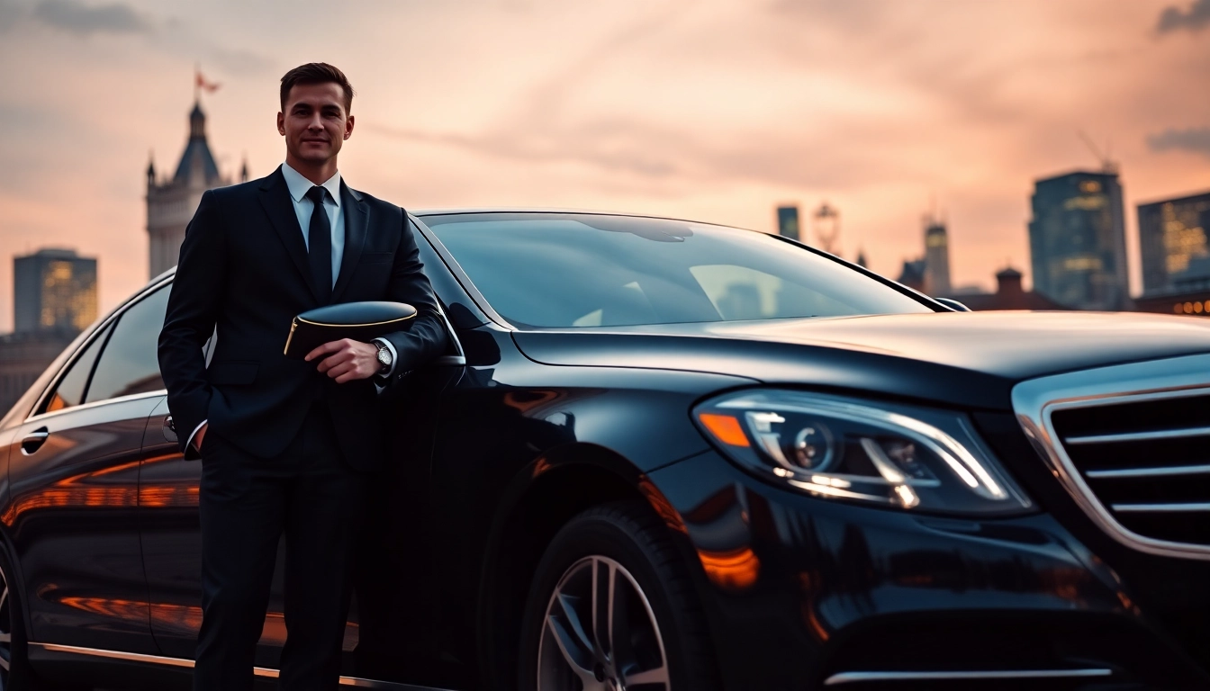 Experience prestigious london chauffeur service with a professional chauffeur beside a luxurious black car in London.
