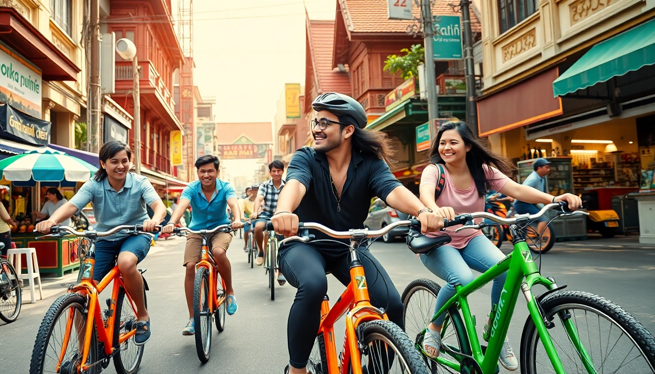 Engaging scene of bike hire bangkok showcasing vibrant cyclists enjoying the bustling streets.