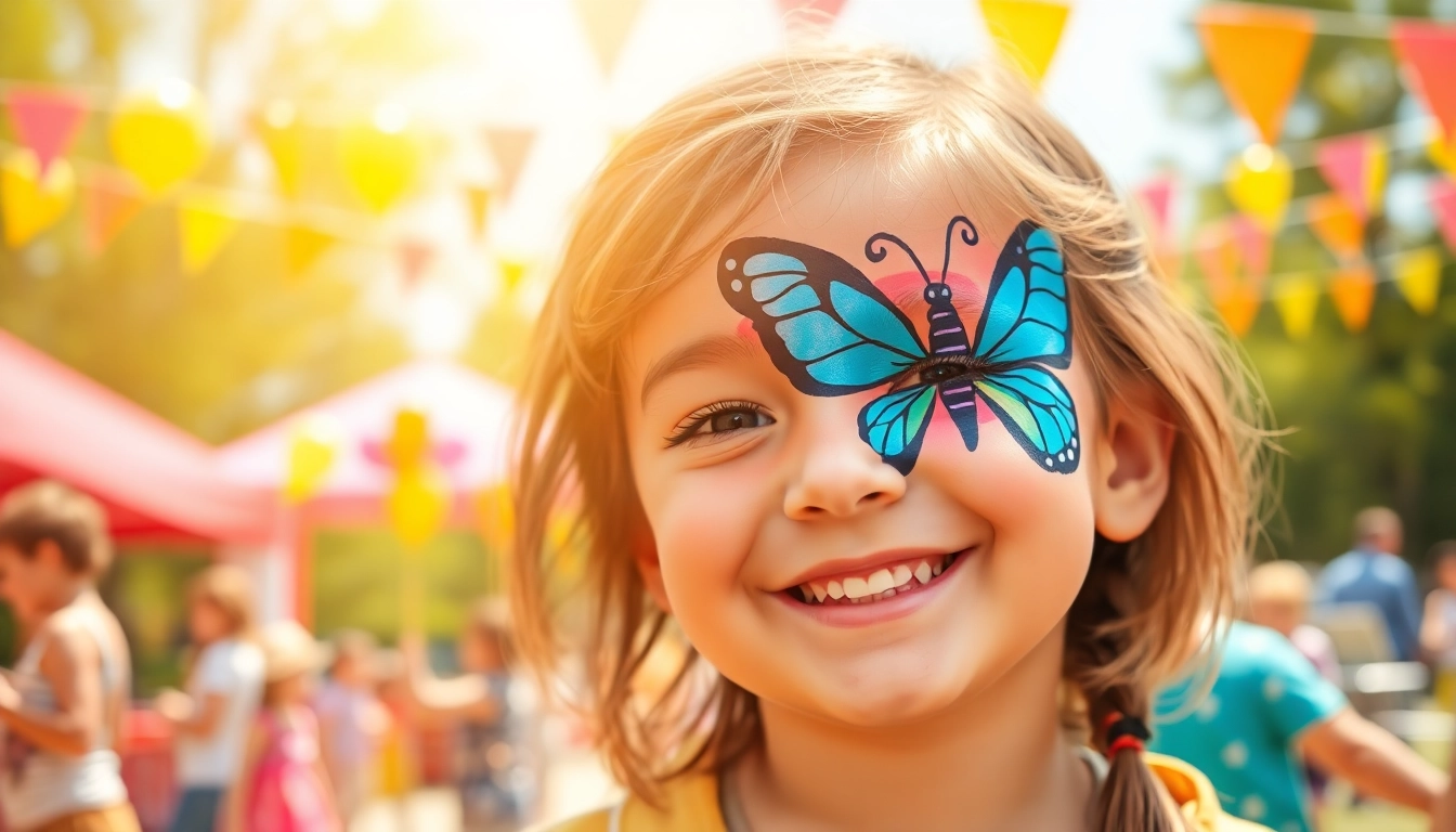 Child smiling with colorful facepainting of a butterfly in a festive outdoor setting.