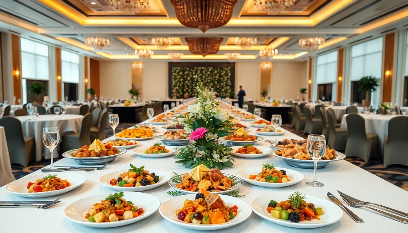 Indulge in exquisite Corporate catering Hamilton Ontario with a sophisticated banquet setup featuring gourmet dishes.