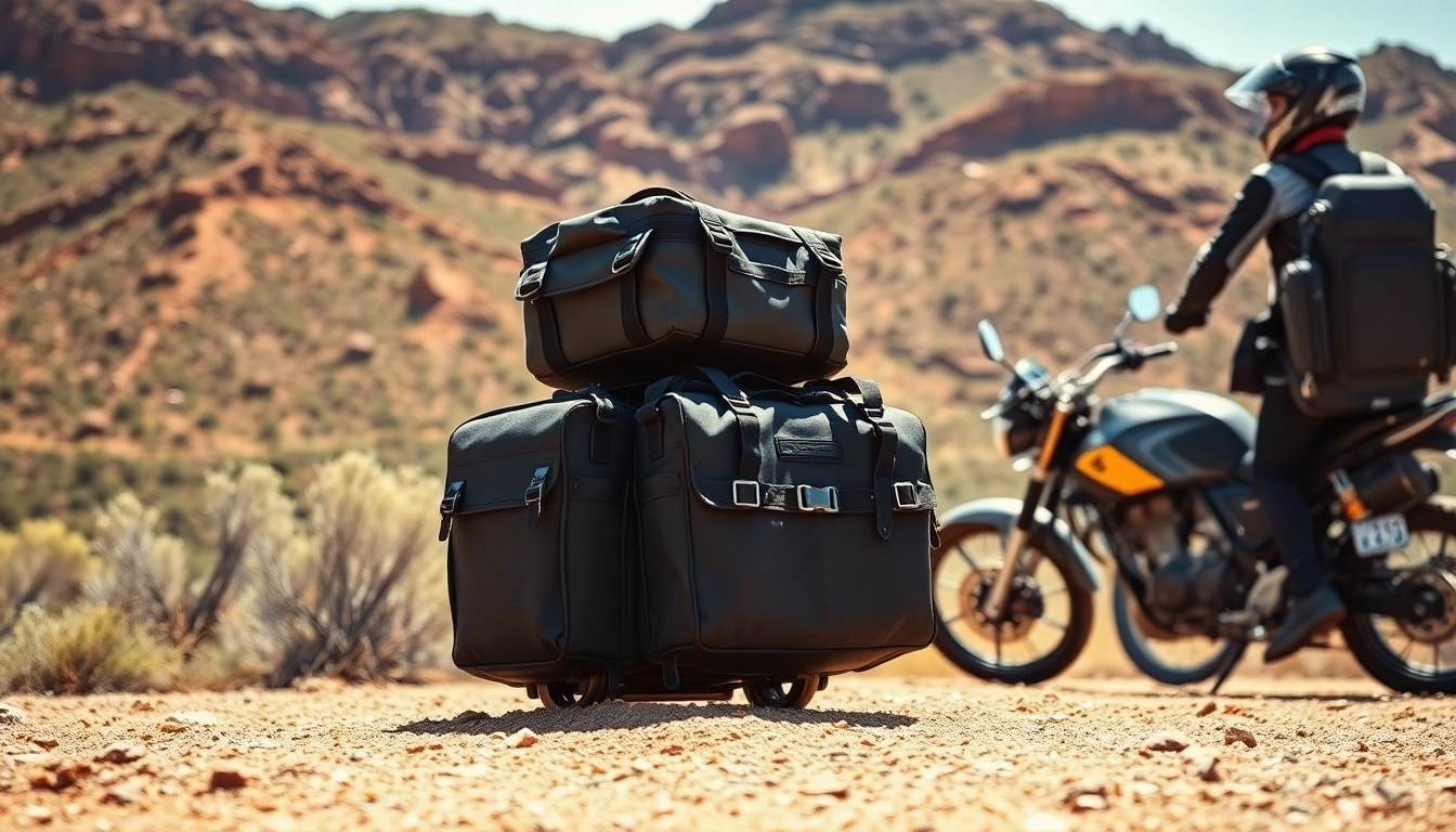 Australian motorcycle luggage tough features shown on rugged terrain, highlighting durability and readiness.