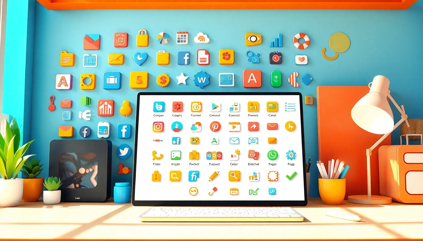 Vibrant icons creatively displayed in a workspace environment.