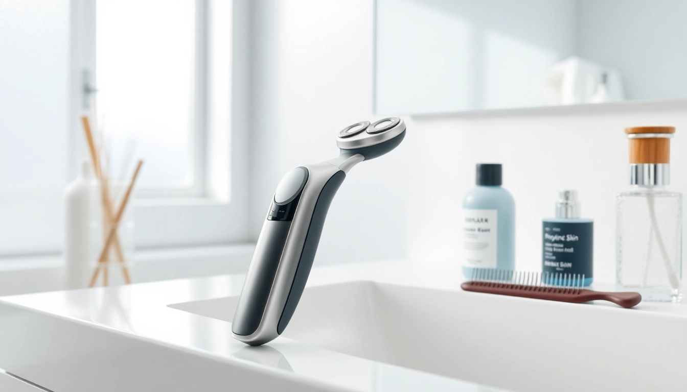Electric Shaver for Sensitive Skin highlighted on a modern bathroom countertop with grooming tools.