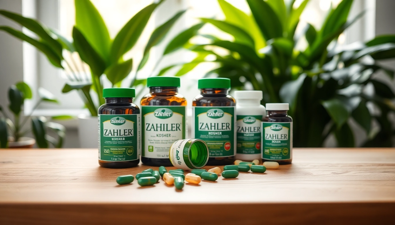 Showcase of Zahler kosher supplements with capsules spilling out in a natural setting.