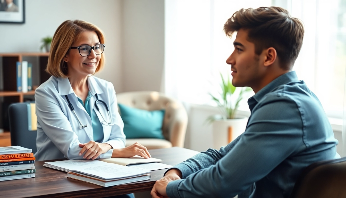 Psychiatrist interacting with a patient in a calming office setting