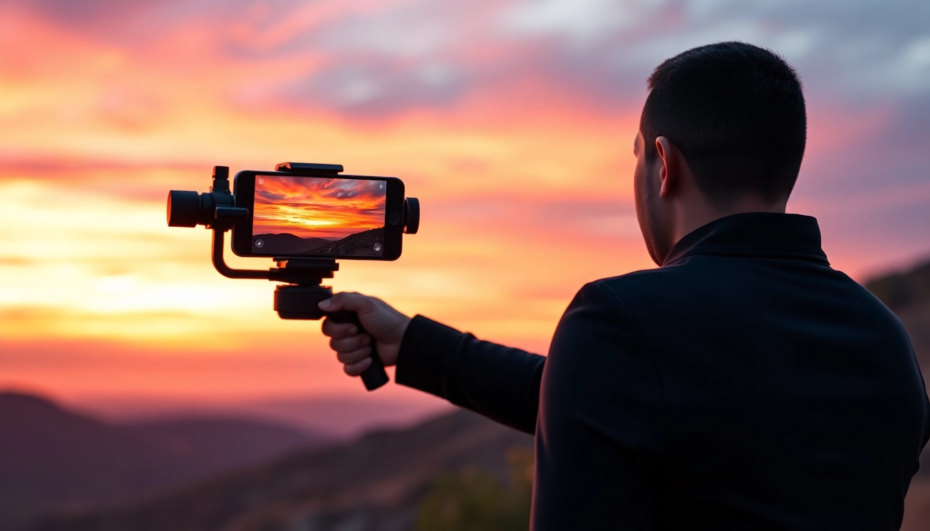 Filmmaker using a gimbal for iPhone to capture stunning sunset views at a scenic overlook.