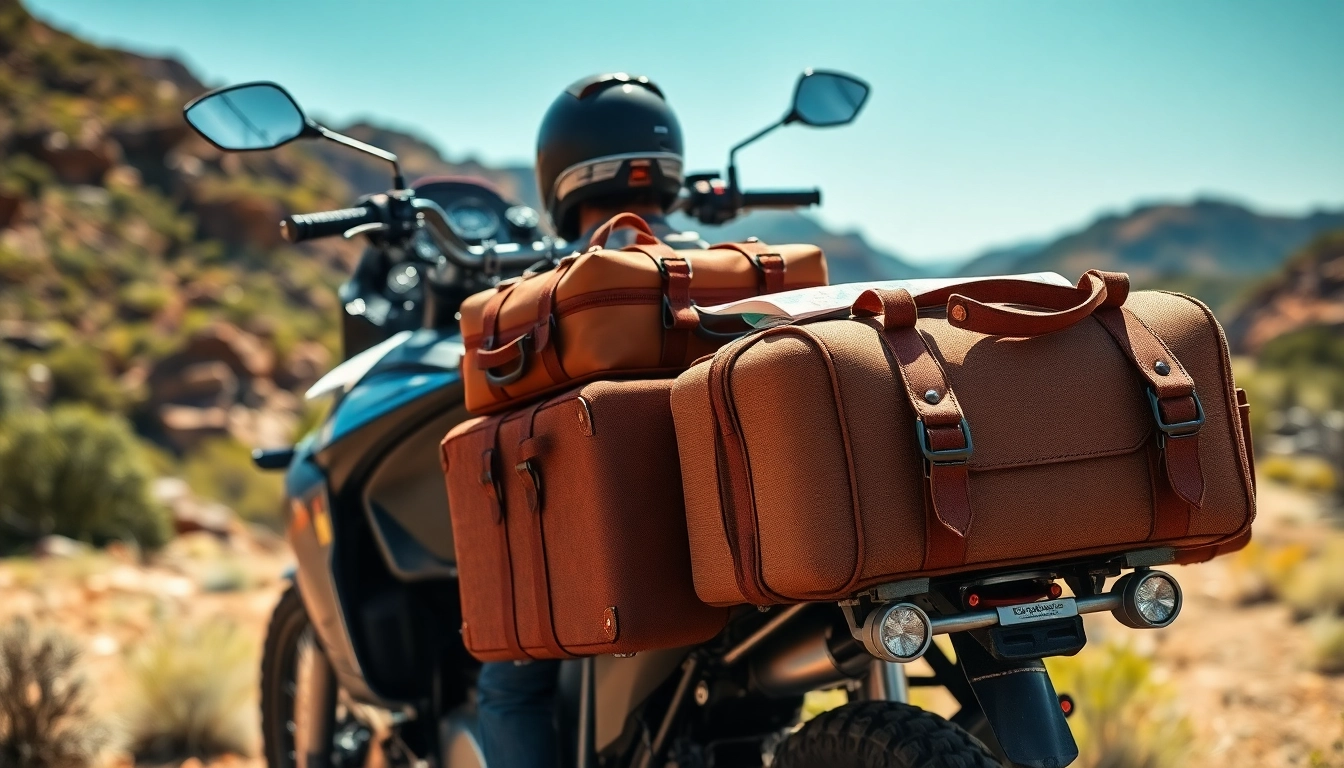 Australian motorcycle luggage tough showcased on a rugged bike against scenic vistas.