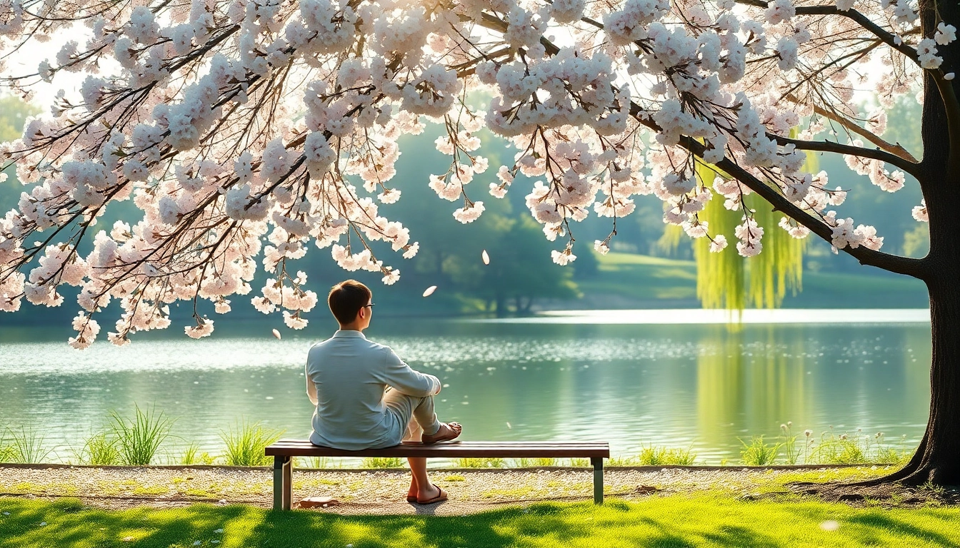 Individual reflecting on dealing with grief in a tranquil park setting with cherry blossoms.