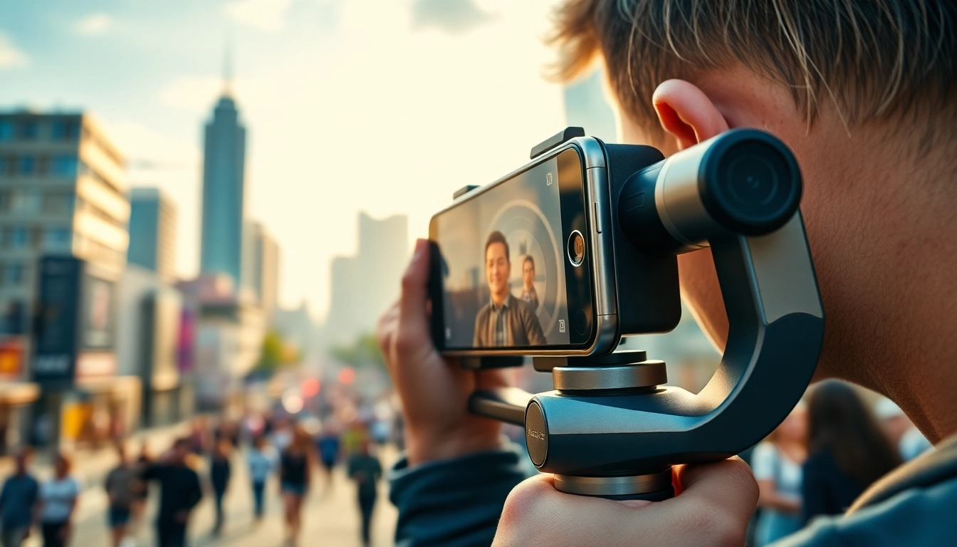 Capturing smooth shots with a gimbal for iPhone in a vibrant urban landscape.