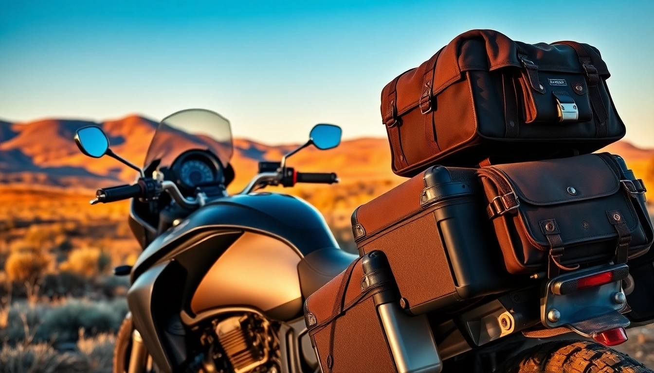 Showcasing Australian motorcycle luggage tough on a sleek bike during a rugged landscape adventure.
