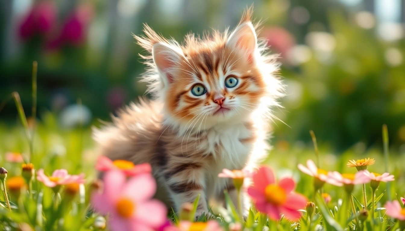 Maine Coon kittens for sale Bay Area showing adorable kitten playing among flowers.