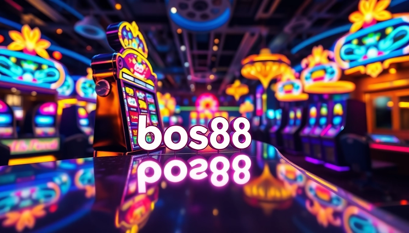 Putar bos88 slot di mesin slot berwarna cerah dengan suasana kasino yang meriah.