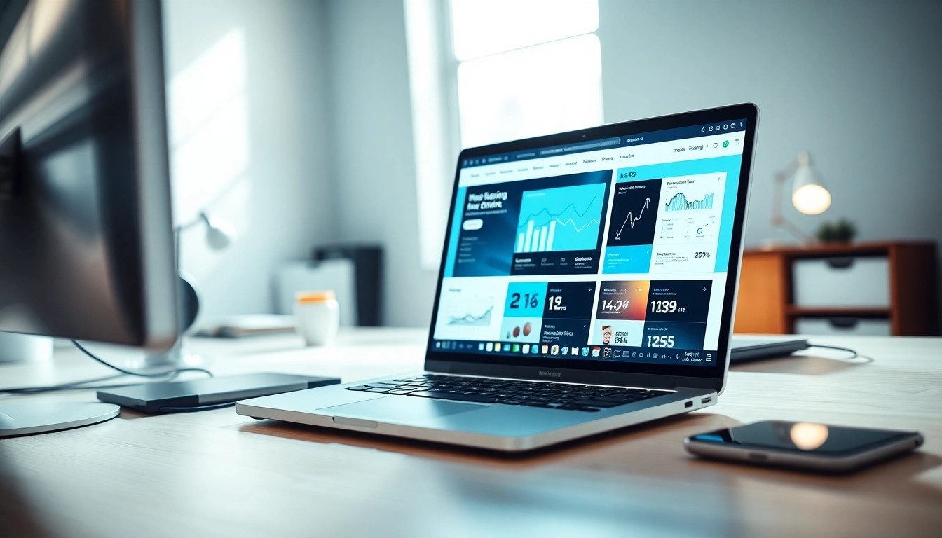 Showcasing web design and seo services in a modern workstation setup with a laptop and design tools.