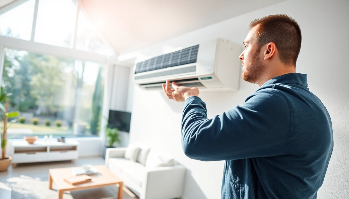 Technician providing an Air Conditioning service installation in a bright modern home setting.