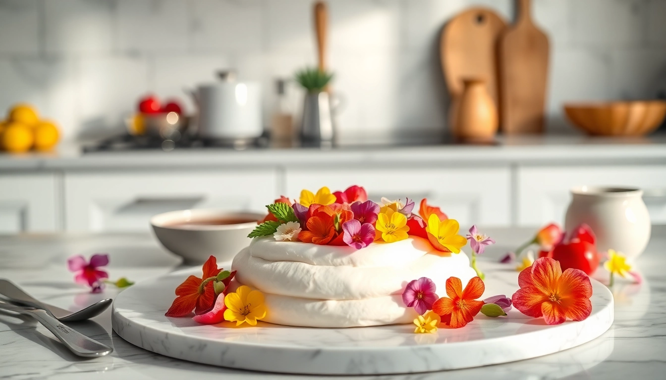 Creëer een elegante mousseline dessert met decoratieve groenten en frisse bloemen.