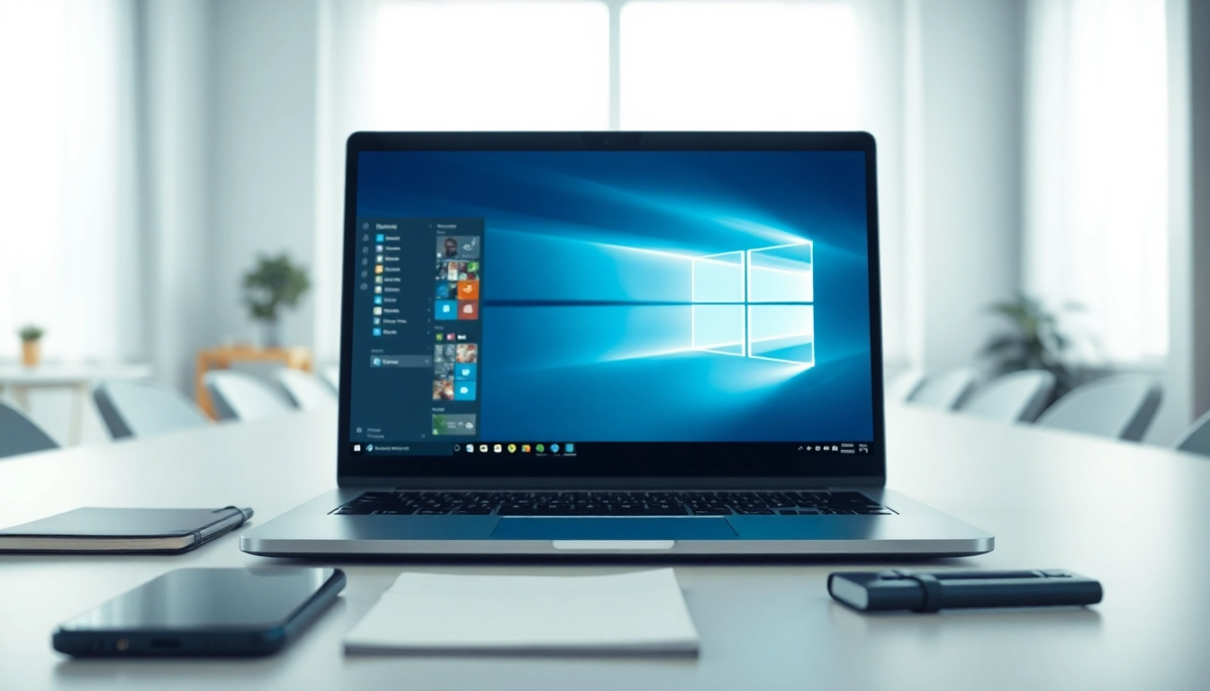 Ein Arbeitsbereich mit einem Laptop, der die Microsoft Windows-Oberfläche anzeigt, in einer hellen Umgebung.