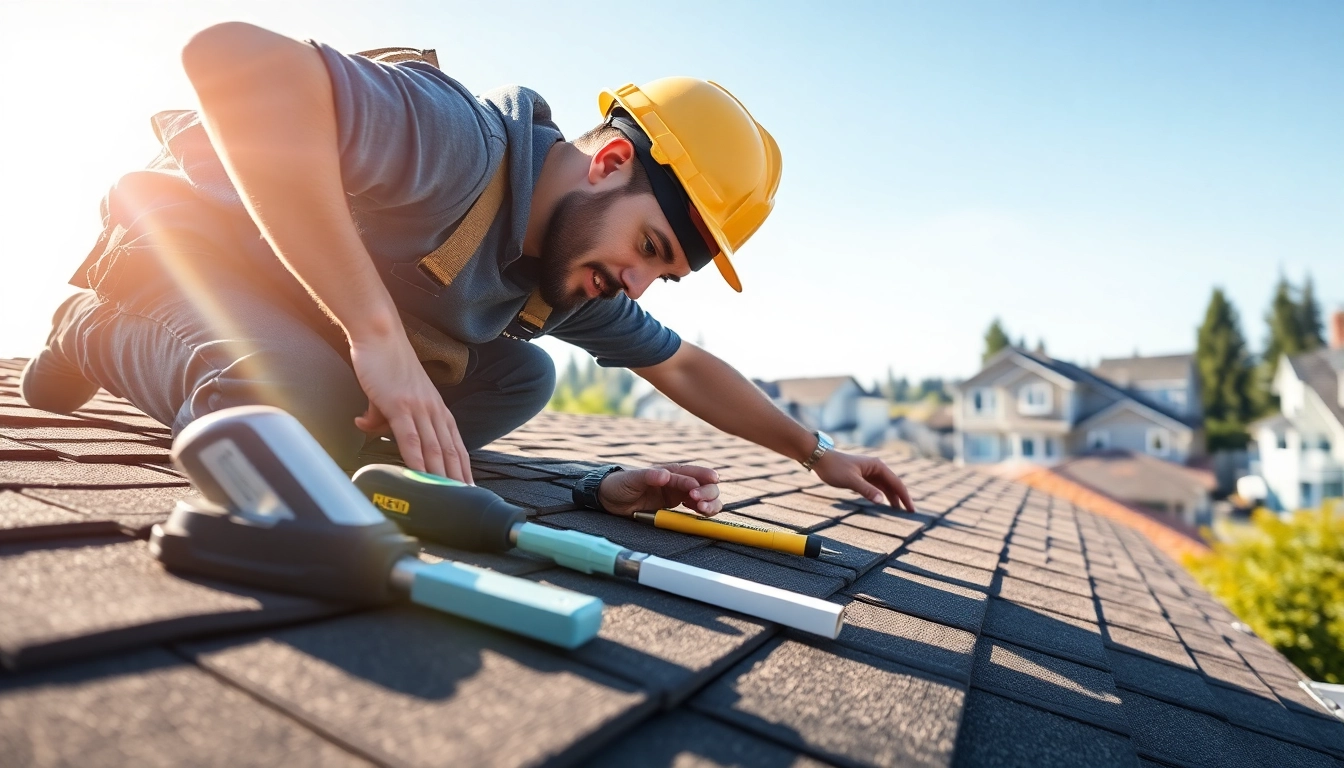 Roof repair Vancouver Wa with a professional roofer working on a residential home in a sunny neighborhood