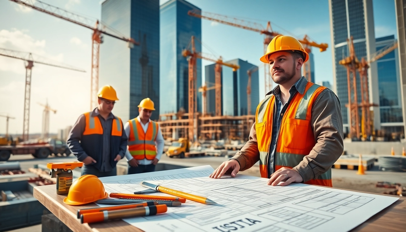 View of a New Jersey Commercial General Contractor managing construction with blueprints at a bustling site