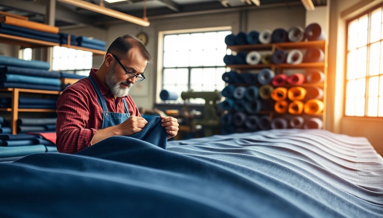 Artisans at jeans cloth manufacturers examining premium denim fabrics in a vibrant workshop.