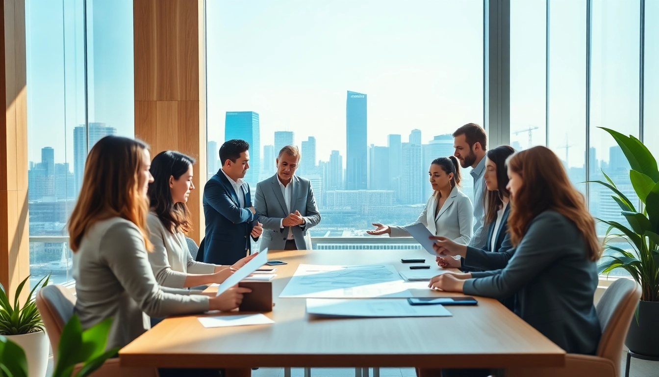 Engaged real estate investment group collaborating over city skyline views.