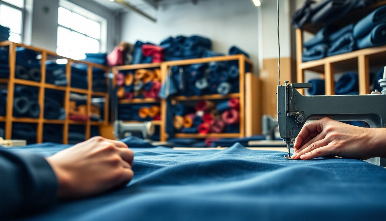 Showcasing skilled artisans in jeans cloth manufacturers creating premium denim products with intricate craftsmanship.