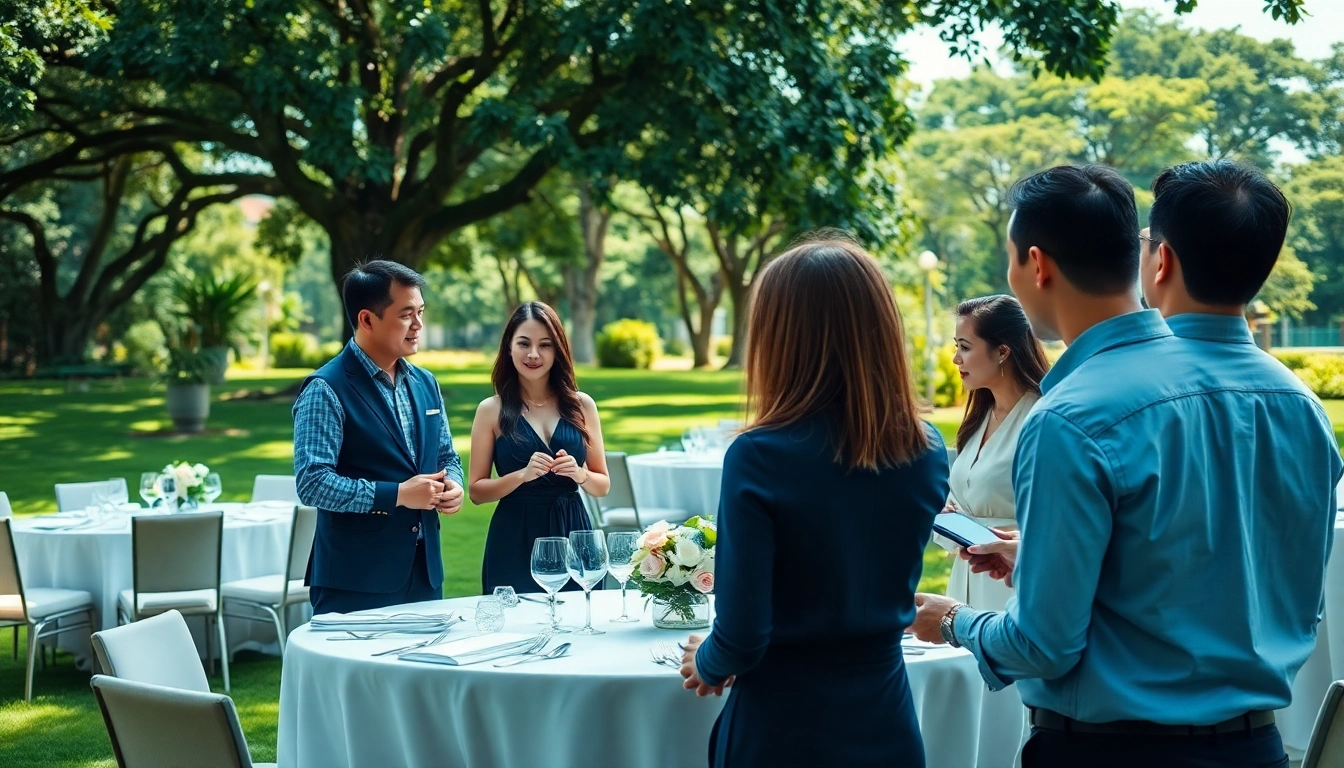 Event management companies in Singapore arrange a vibrant outdoor corporate gathering in lush greenery.