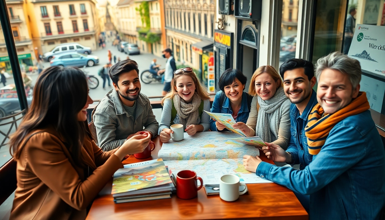 Group planning for a europe tour package from malaysia at a café, filled with maps and landmarks.