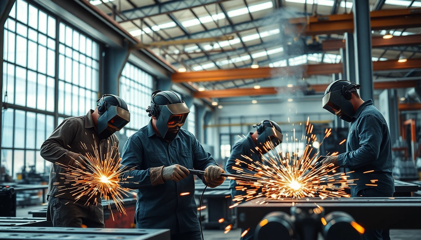 Workers collaborating in a busy steel fabrication shop, showcasing expertise in metalwork.