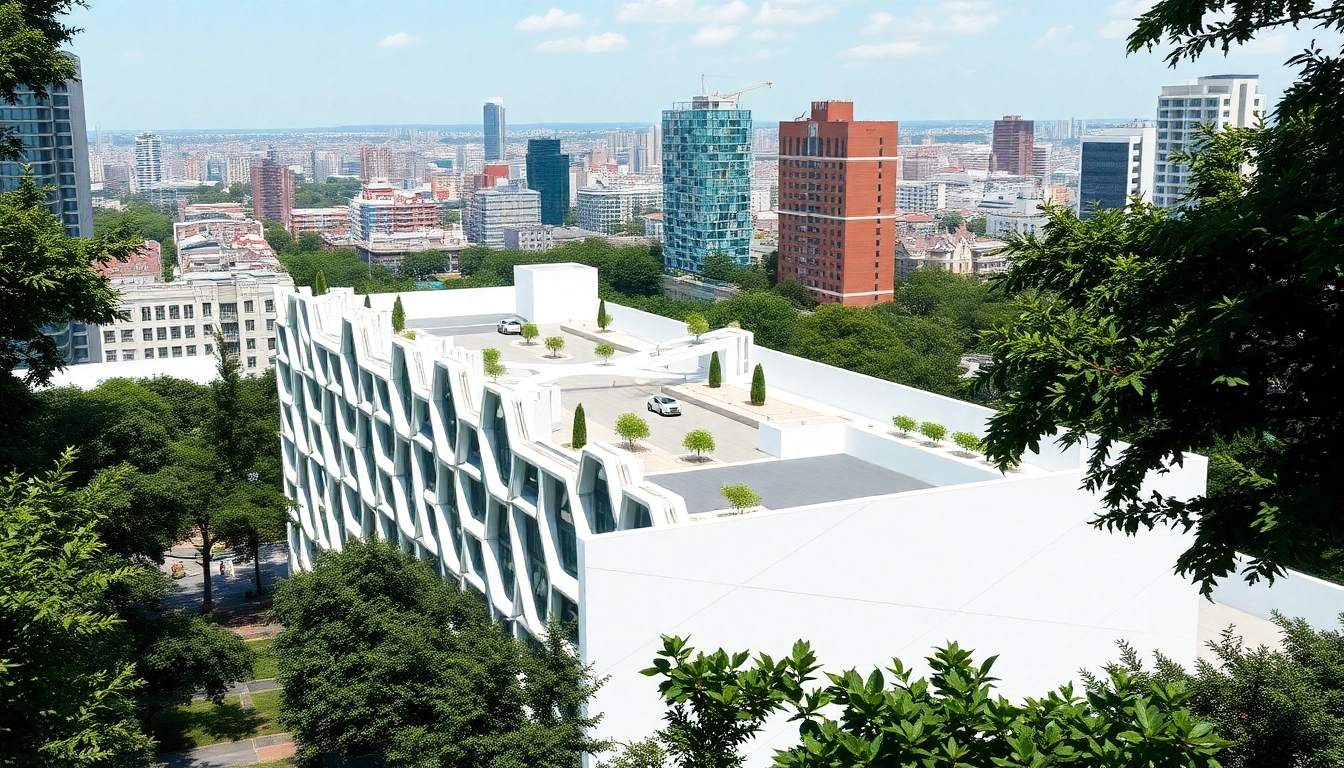 Die visualisierung architektur zeigt ein modernes Gebäude in einer lebendigen städtischen Umgebung.